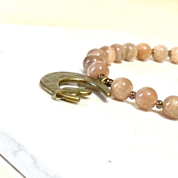 Peach Moonstone Bronze Cat on the Moon Necklace, Genuine Gemstone Beaded Choker - Picture 6 of 14